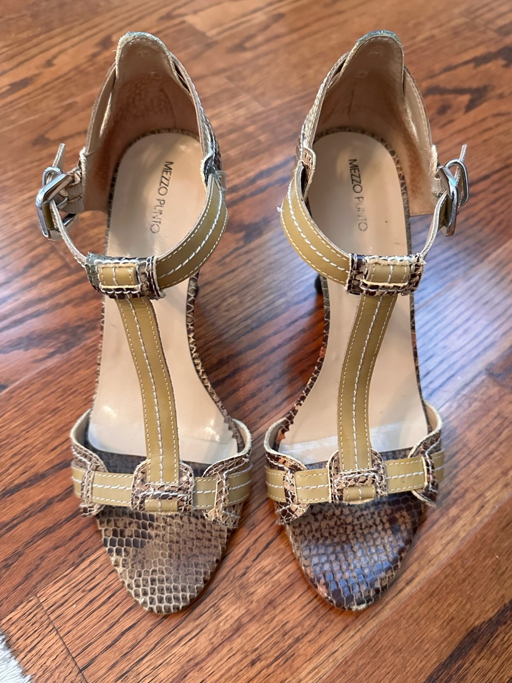 Olive T-Strap Snake-Print Heels